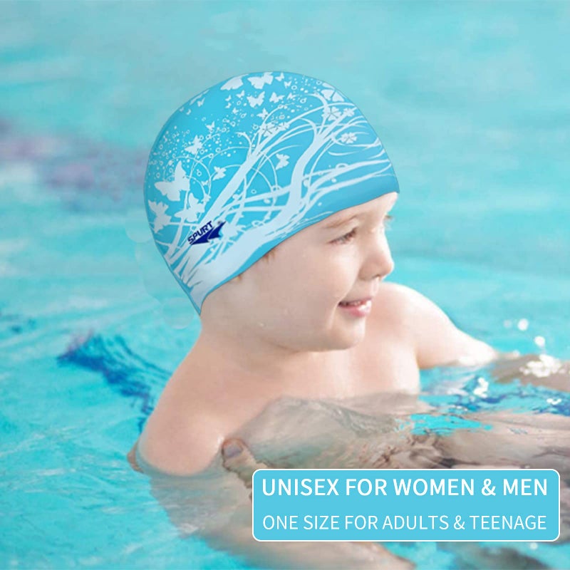 Moolecole Soft Waterproof Silicone Swim Cap Girls Summer Pool Sea Swimming Cap Bathing Haircare Hat for Long Hair Blue Butterfly - Image 3